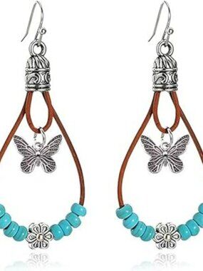 New - Boho Earrings Western Butterfly Stone Flower Turquoise Leather Rope